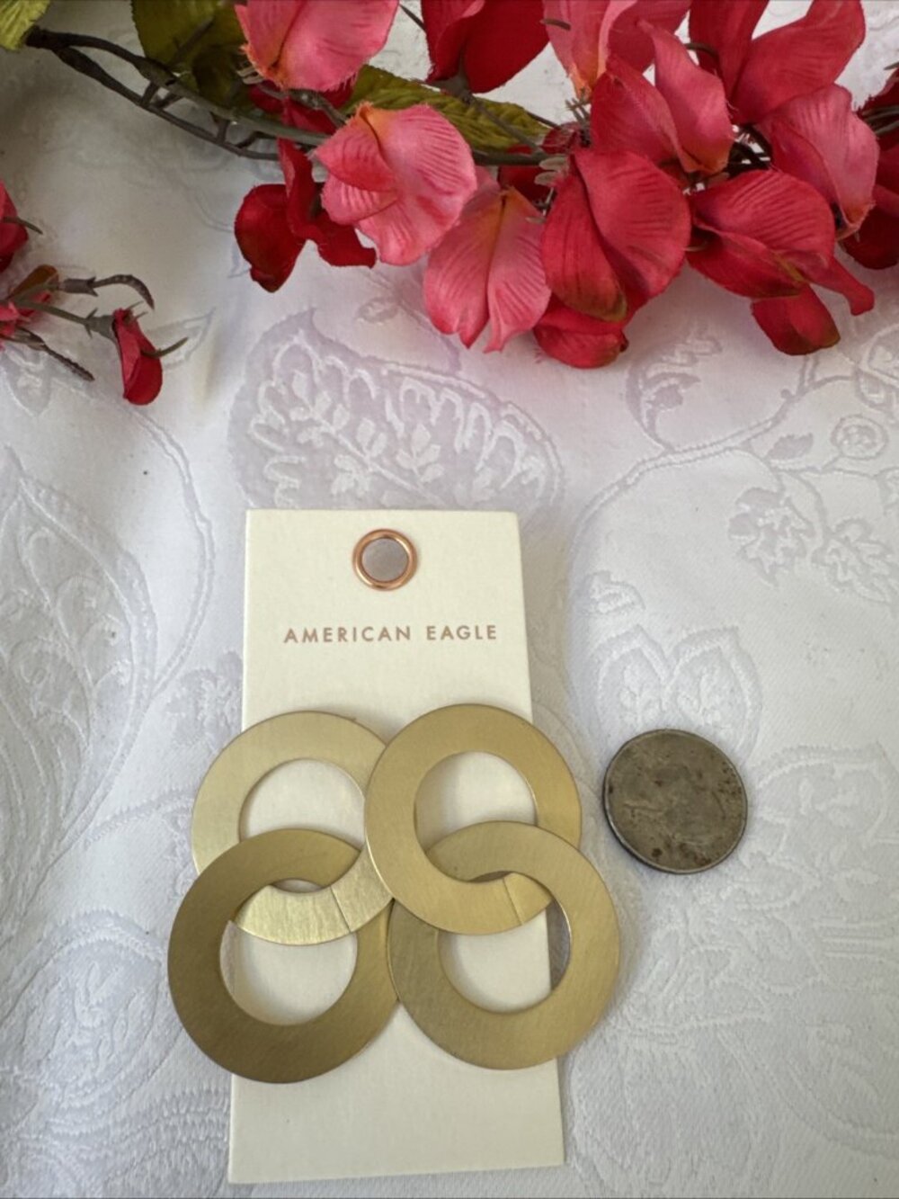 American Eagle Matte Gold Tone Chunky Double Circle Hoop Drop Earrings 2" NEW - Picture 4 of 4